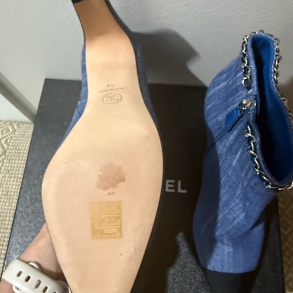 CHANEL Denim Blue Heeled Bootie with Chain Accent - Picture 7 of 9